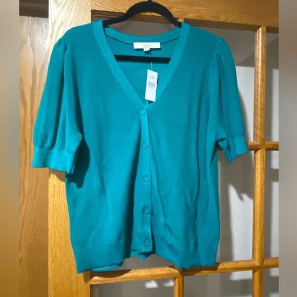 NWT Loft Puff Sleeve V-Neck Cardigan Color: Teal Size: XL - Picture 8 of 8